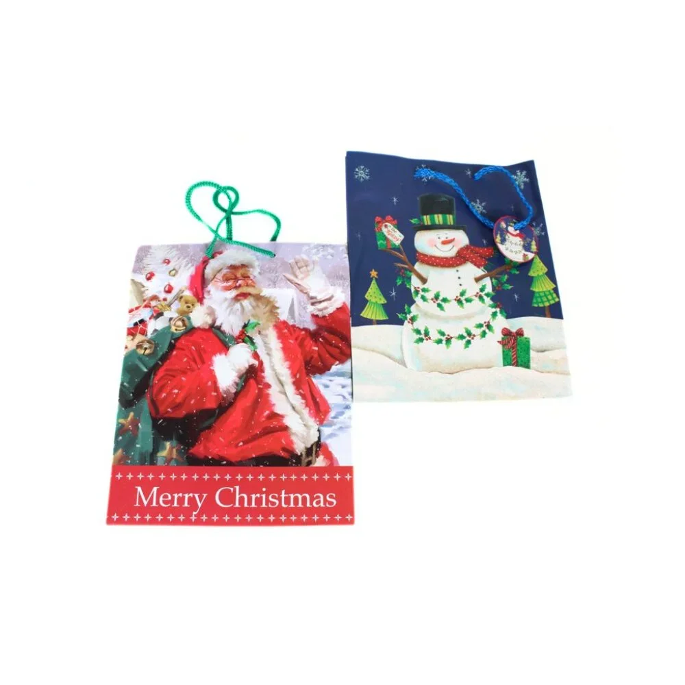 Set of 2 Used Christmas Gift Bags Santa Snowman Reusable Crafting Scrapbooking